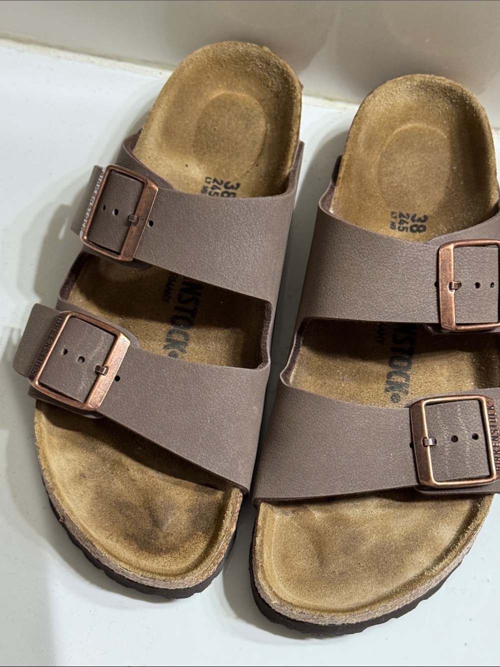 Birkenstock Arizona Dual-Band Tan Slide Sandals with Buckles